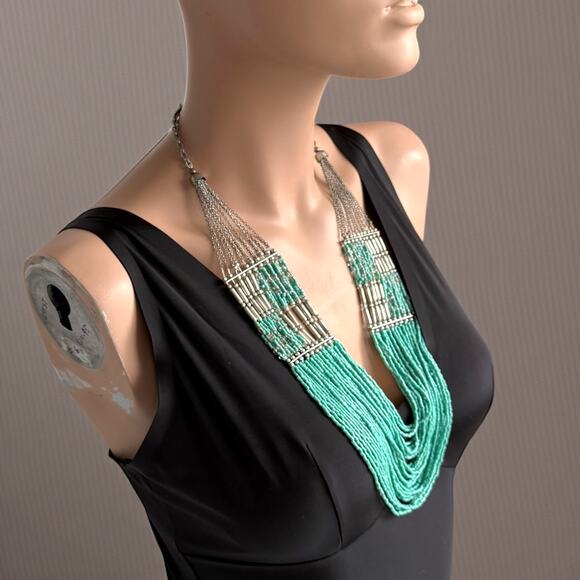 Turquoise Glass Silver Tone Seed Bead Bib Multi Strand Necklace Boho - Picture 2 of 12